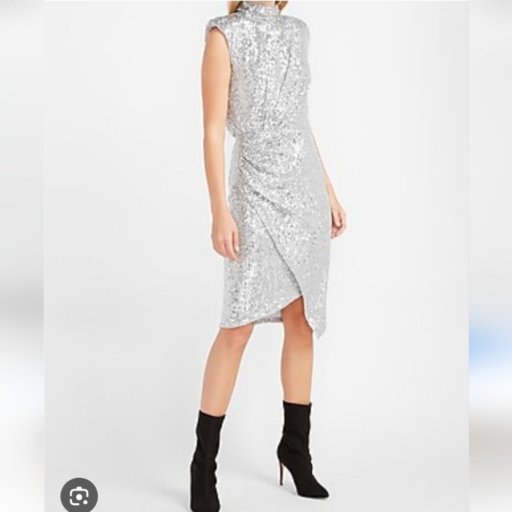 Express NWT Sequin asymmetrical mock neck dress. X-SMALL